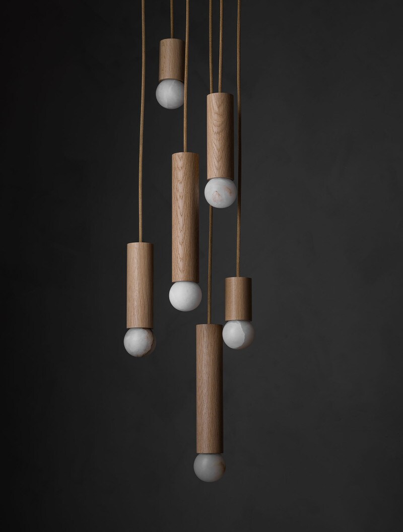 Wood Cylinder 6 shown in White Oak, Alabaster Globes